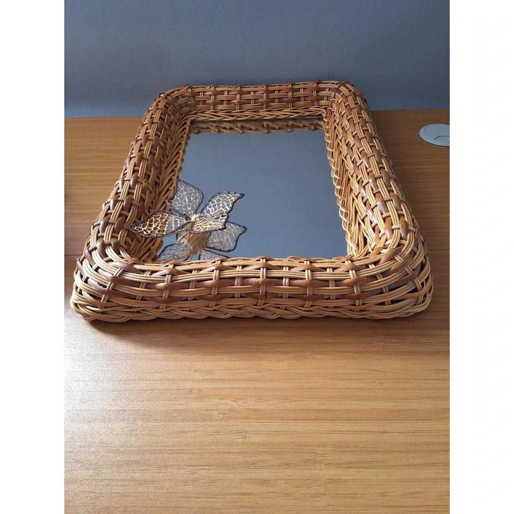 Vintage Wicker Wall Mirror Rectangular Boho Butterfly Accent Honey Rattan 12x16